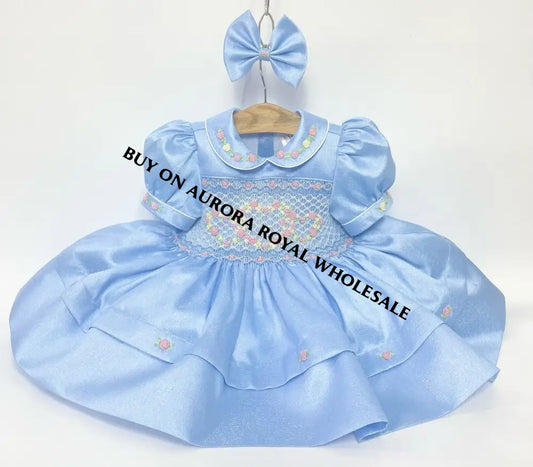 NEW! PACK OF 5 SIZES LUNA BLUE TAFFETA🩵HAND-SMOCKED DRESS🧵🪡& BOWS OR HEADBAND🎀🎀 Baby-Toddler Dresses