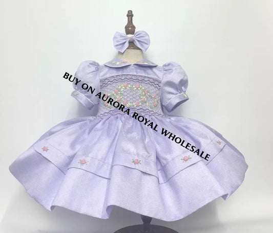 NEW🤩PACK OF 5 SIZES LUNA LILAC💜TAFFETA HAND-SMOCKED🧵🪡DRESS & BOWS OR HEADBAND🎀🎀 Baby-Toddler Dresses