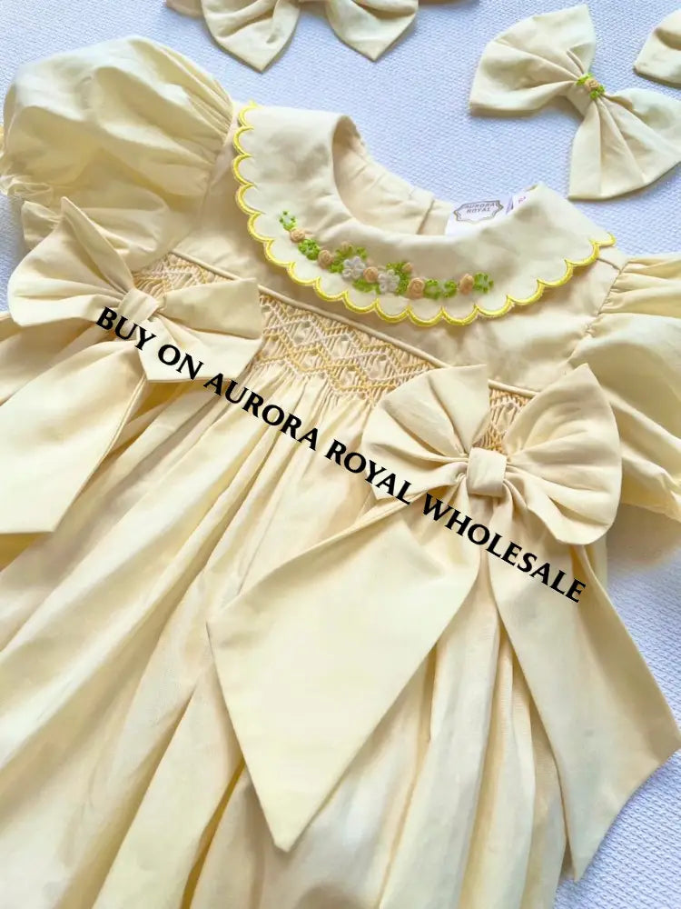 PRE-ORDER & GET NEXT WEEK! 🤩NEW PACK OF 5 SIZES ☀️MAE LEMON HAND-SMOCKED ROMPER & HAIR BOWS🎀 BABY/TODDLER OUTFIT