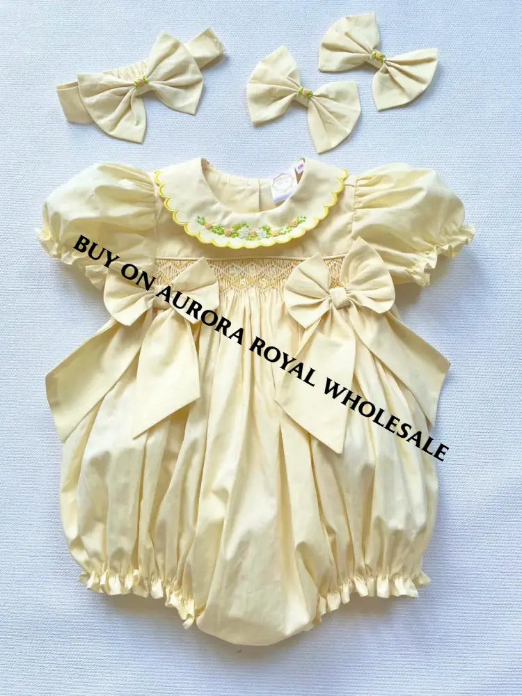 PRE-ORDER & GET NEXT WEEK! 🤩NEW PACK OF 5 SIZES ☀️MAE LEMON HAND-SMOCKED ROMPER & HAIR BOWS🎀 BABY/TODDLER OUTFIT