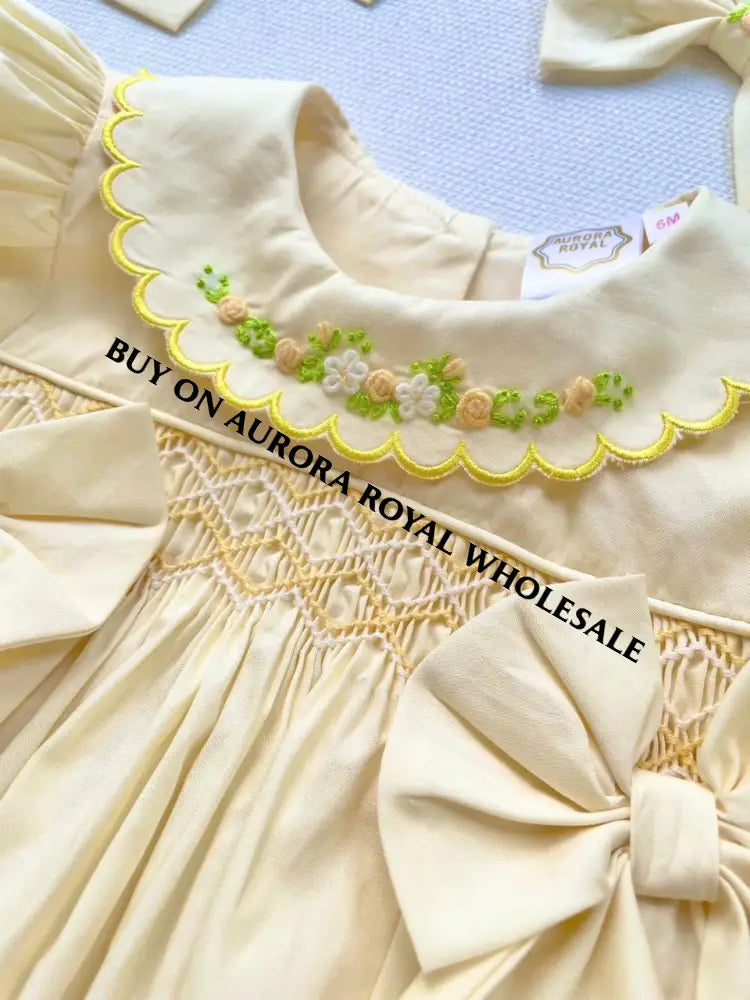 PRE-ORDER & GET NEXT WEEK! 🤩NEW PACK OF 5 SIZES ☀️MAE LEMON HAND-SMOCKED ROMPER & HAIR BOWS🎀 BABY/TODDLER OUTFIT