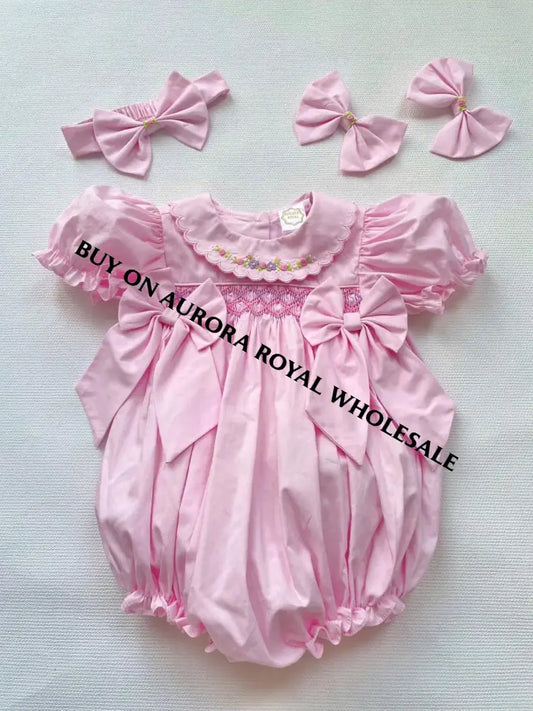 PRE-ORDER & GET NEXT WEEK! 🤩NEW PACK OF 5 SIZES ☀️MAE PINK🌷HAND-SMOCKED ROMPER & HAIR BOWS🎀 BABY/TODDLER OUTFIT