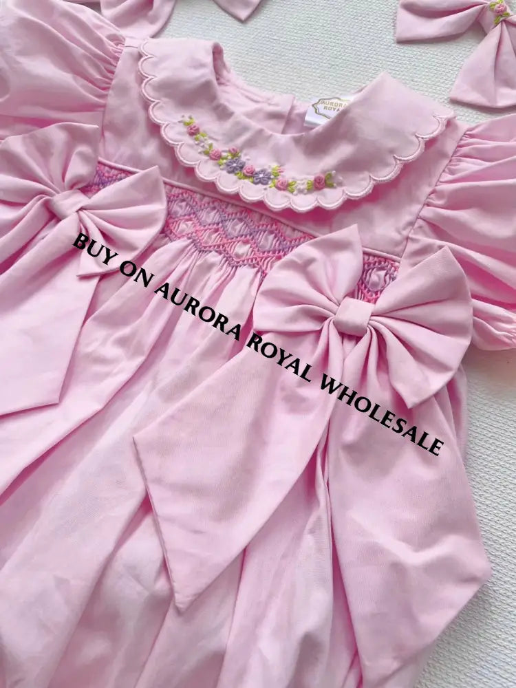 PRE-ORDER & GET NEXT WEEK! 🤩NEW PACK OF 5 SIZES ☀️MAE PINK🌷HAND-SMOCKED ROMPER & HAIR BOWS🎀 BABY/TODDLER OUTFIT