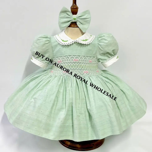 NEW🤩PACK OF 4 SIZES MEGAN MINT🧚🏻‍♀️HAND-SMOCKED🧵🪡PURE COTTON DRESS & BOWS OR HEADBANDS🎀 Baby-Toddler Dresses