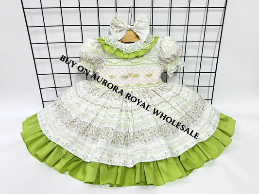 PRE-ORDER🤩NEW PACK OF 5 SIZES MONA☀️👗HAND-SMOCKED🧵🪡FLORAL🧚DRESS & BOWS OR HEADBANDS🎀🎀 Baby-Toddler Dresses