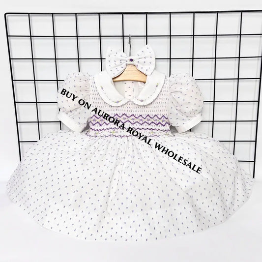 NEW🤩PACK OF 5 SIZES NATALIE LILAC💜SWISS DOTS HAND-SMOCKED🧵🪡DRESS & BOWS OR HEADBAND🎀🎀 Baby-Toddler Dresses