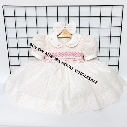 NEW🧚🏻‍♀️PACK OF 5 SIZES NATALIE PINK💖SWISS DOTS HAND-SMOCKED🧵🪡DRESS & BOWS OR HEADBAND🎀🎀 Baby-Toddler Dresses