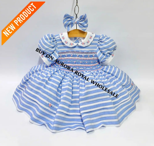 PRE ORDER&GET NEXT WEEK‼️NEW PACK OF 5 SIZES 🤩OLIVIA BLUE STRIPES FRONT & BACK HAND SMOCKED🧵🪡 DRESS & HAIR BOWS🎀