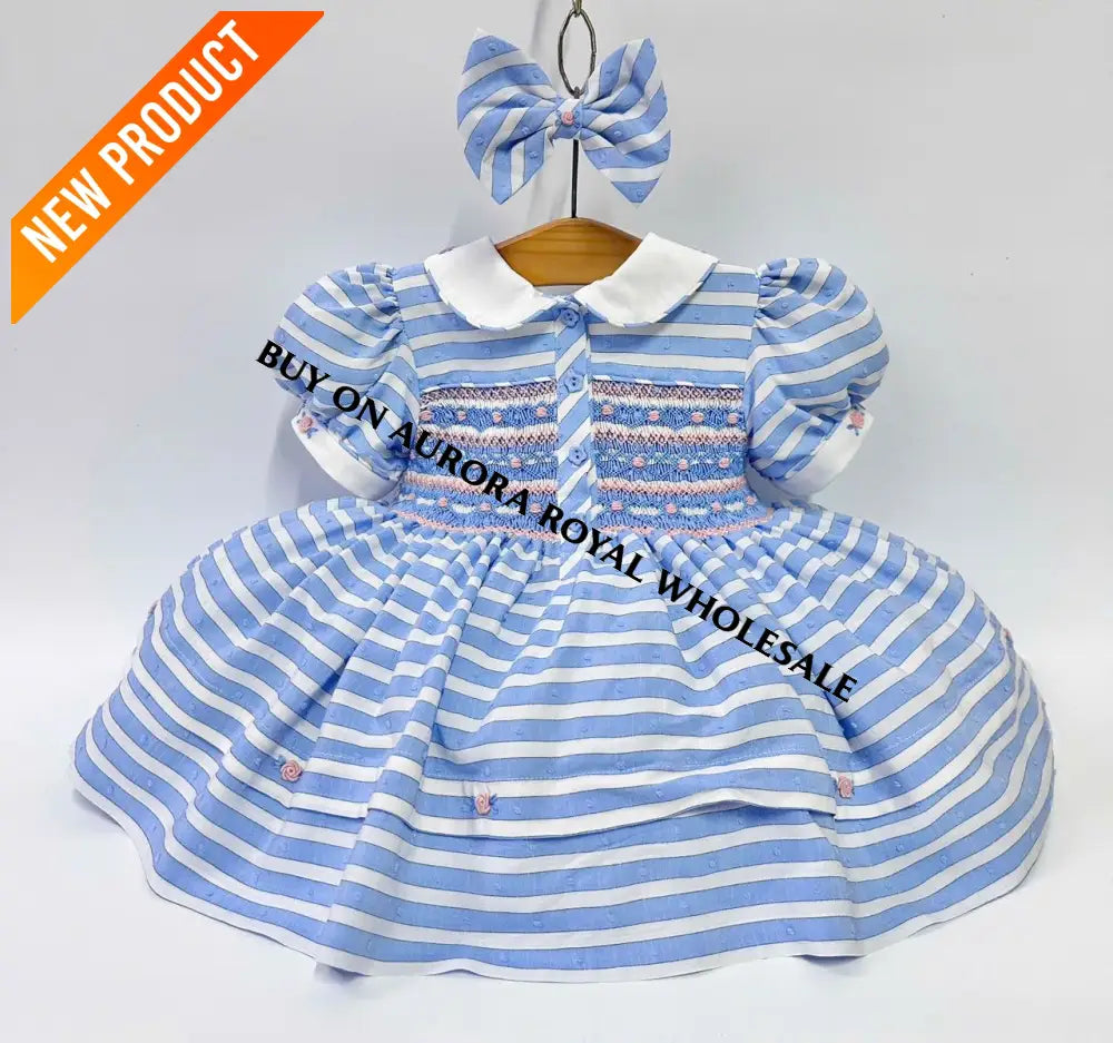 PRE ORDER&GET NEXT WEEK‼️NEW PACK OF 5 SIZES 🤩OLIVIA BLUE STRIPES FRONT & BACK HAND SMOCKED🧵🪡 DRESS & HAIR BOWS🎀