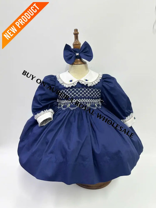 PRE-ORDER & GET IT NEXT WEEK‼️NEW PACK OF 5 SIZES 🤩REBECCA NAVY BLUE💙HAND-SMOCKED🧵🪡 DRESS & BOWS🎀 BABY/TODDLER DRESS