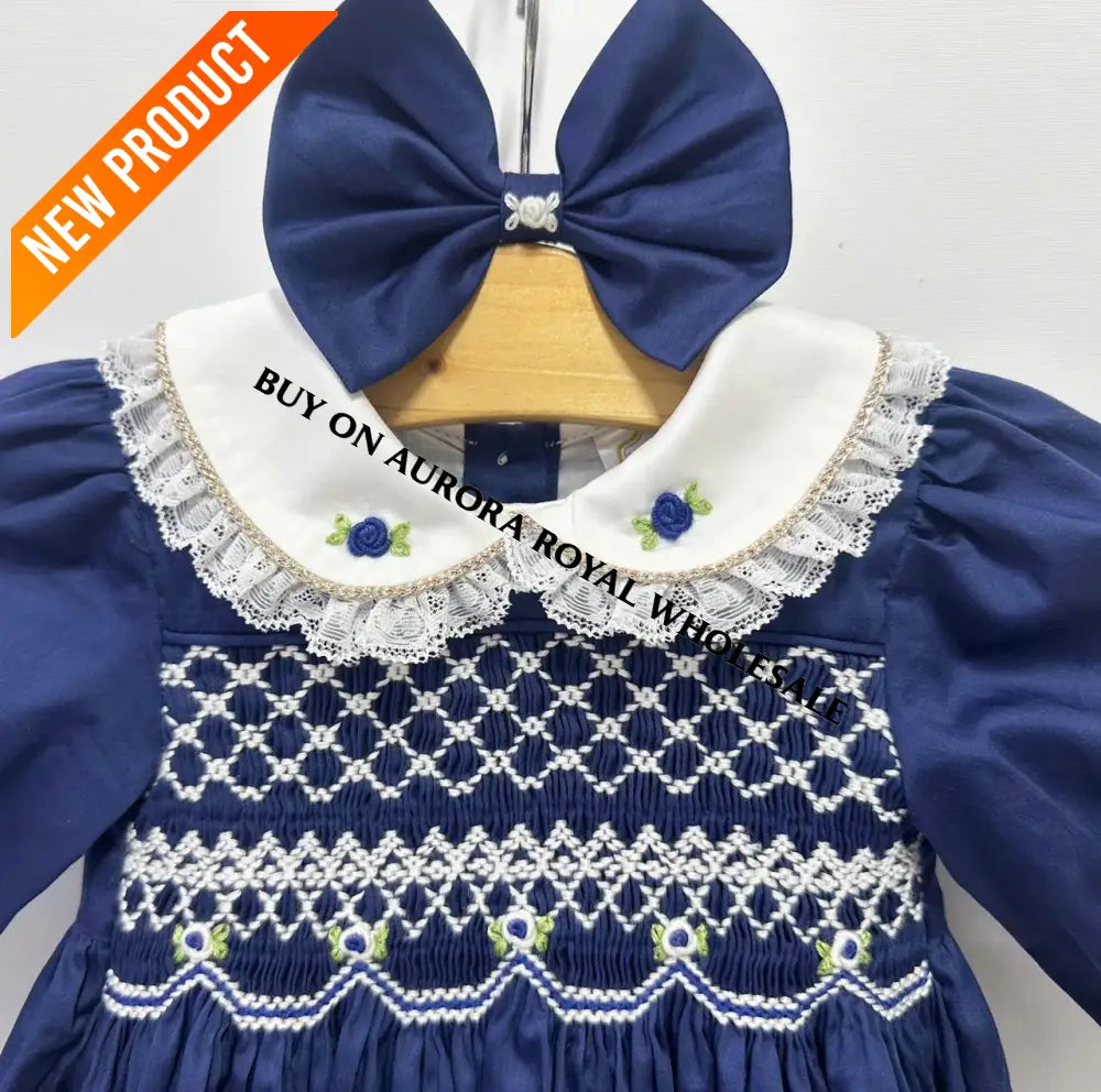 PRE-ORDER & GET IT NEXT WEEK‼️NEW PACK OF 5 SIZES 🤩REBECCA NAVY BLUE💙HAND-SMOCKED🧵🪡 DRESS & BOWS🎀 BABY/TODDLER DRESS