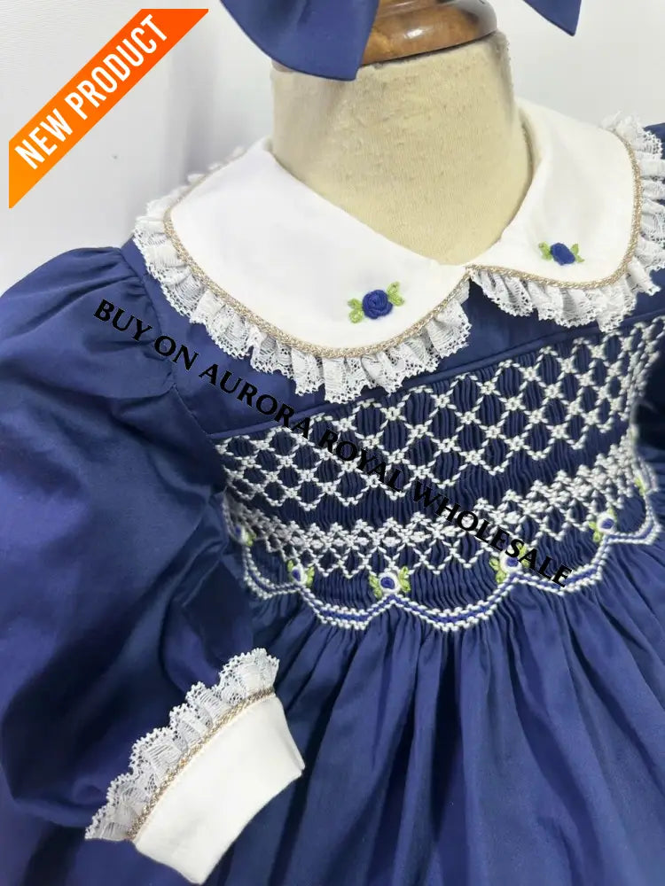 PRE-ORDER & GET IT NEXT WEEK‼️NEW PACK OF 5 SIZES 🤩REBECCA NAVY BLUE💙HAND-SMOCKED🧵🪡 DRESS & BOWS🎀 BABY/TODDLER DRESS