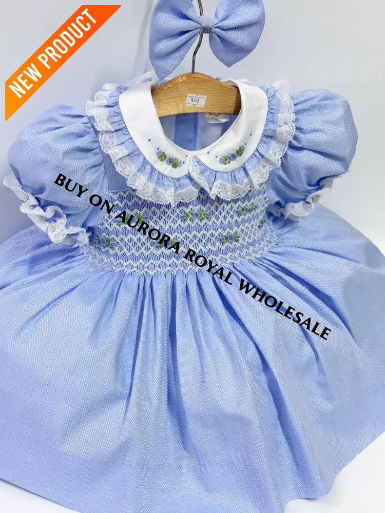 PRE ORDER&GET NEXT WEEK‼️NEW PACK OF 5 SIZES 🤩ROSEMARY BLUE🩵HAND SMOCKED🧵🪡DRESS & HAIR BOWS🎀 BABY/TODDLER DRESS