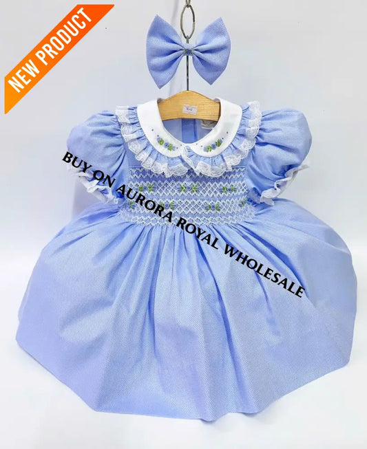 PRE ORDER&GET NEXT WEEK‼️NEW PACK OF 5 SIZES 🤩ROSEMARY BLUE🩵HAND SMOCKED🧵🪡DRESS & HAIR BOWS🎀 BABY/TODDLER DRESS