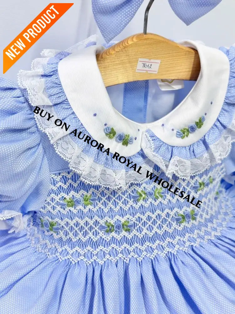 PRE ORDER&GET NEXT WEEK‼️NEW PACK OF 5 SIZES 🤩ROSEMARY BLUE🩵HAND SMOCKED🧵🪡DRESS & HAIR BOWS🎀 BABY/TODDLER DRESS