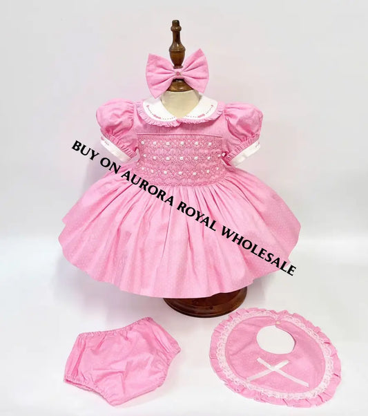 PRE-ORDER & GET NEXT WEEK❗️PACK OF 5 SIZES NEW ROSIE PINK🌷COTTON HAND-SMOCKED🧵🪡DRESS,PANTIES,BONNET,BIB & HAIR BOWS OR