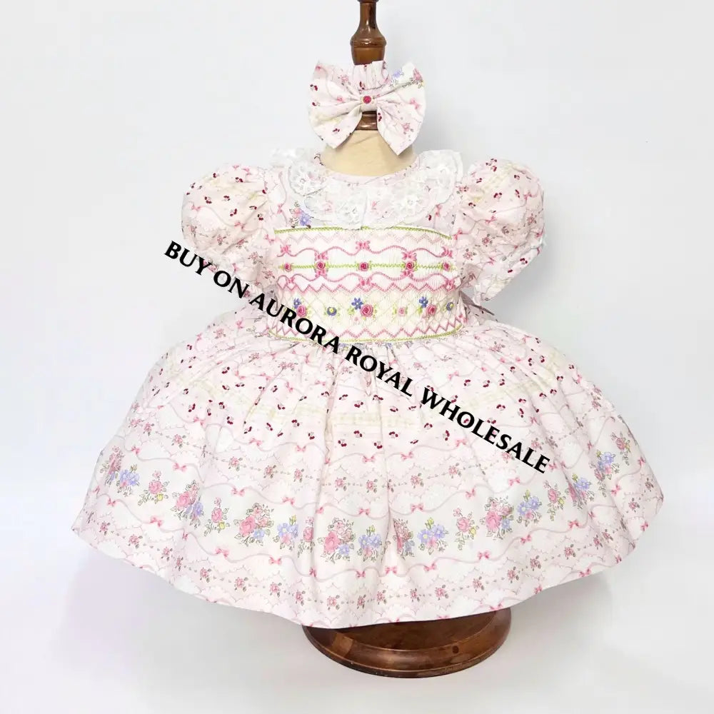 NEW😍PACK OF 5 SIZES SUMMER☀️👗HAND-SMOCKED🧵🪡FLORAL🧚DRESS & BOWS OR HEADBANDS🎀🎀 Baby-Toddler Dresses