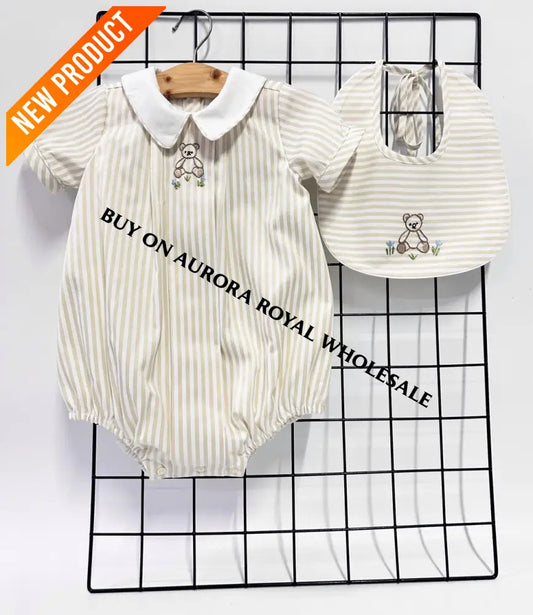 NEW🤩PACK OF 5 SIZES TEDDY BEIGE🍨STRIPED HAND EMBROIDERED🧵🪡BABY BOYS ROMPER & BIB🧸 BABY/TODDLER OUTFIT