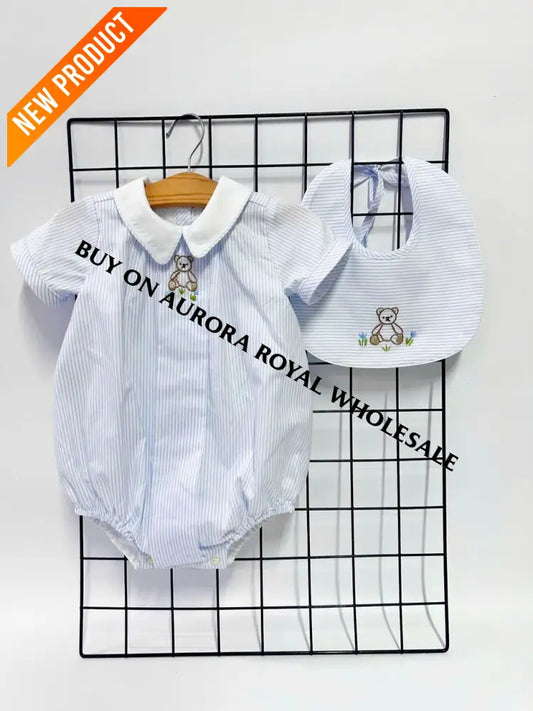 NEW🤩PACK OF 5 SIZES TEDDY BLUE STRIPED HAND EMBROIDERED🧵🪡BABY BOYS ROMPER & BIB🧸 BABY/TODDLER OUTFIT