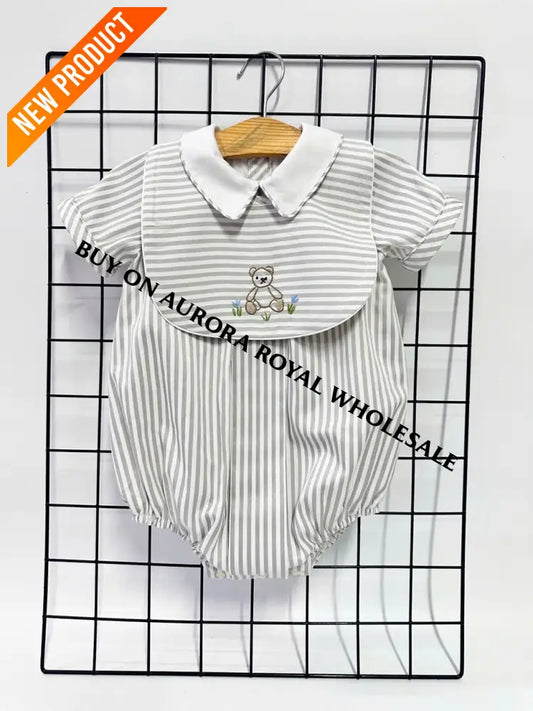 NEW🤩PACK OF 5 SIZES TEDDY SILVER/GREY🩶STRIPED HAND EMBROIDERED🧵🪡BABY BOYS ROMPER & BIB🧸 BABY/TODDLER OUTFIT