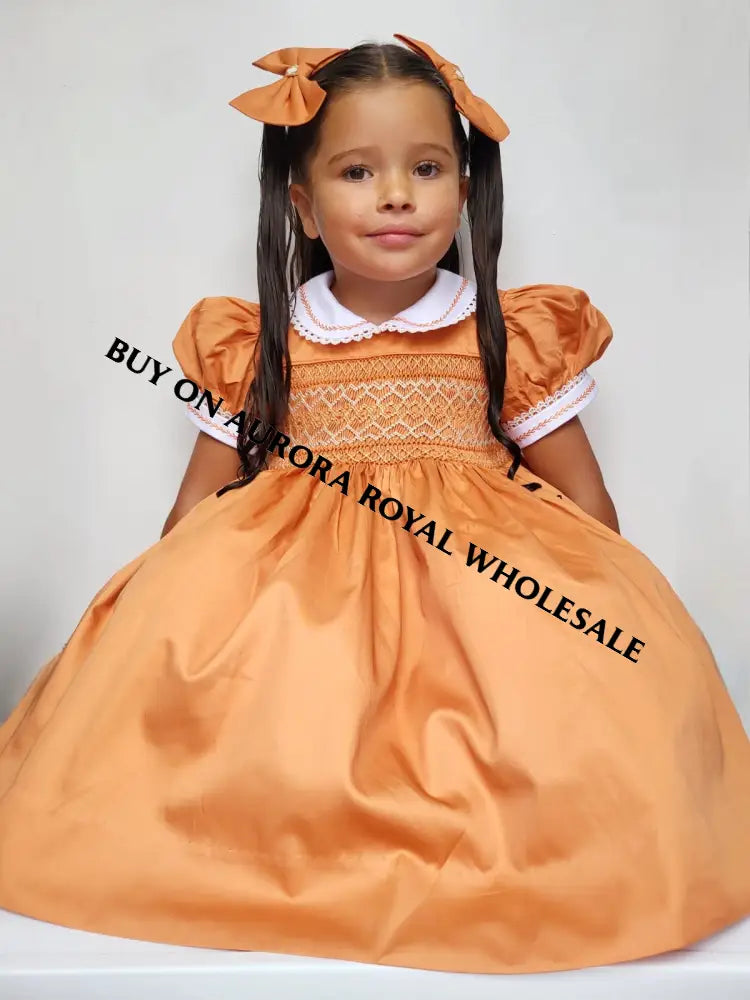 New 🍁Pack Of 5 Sizes! Verona Gold Amber Hand-Smocked Dress & Hair Accessories Baby-Toddler Dresses