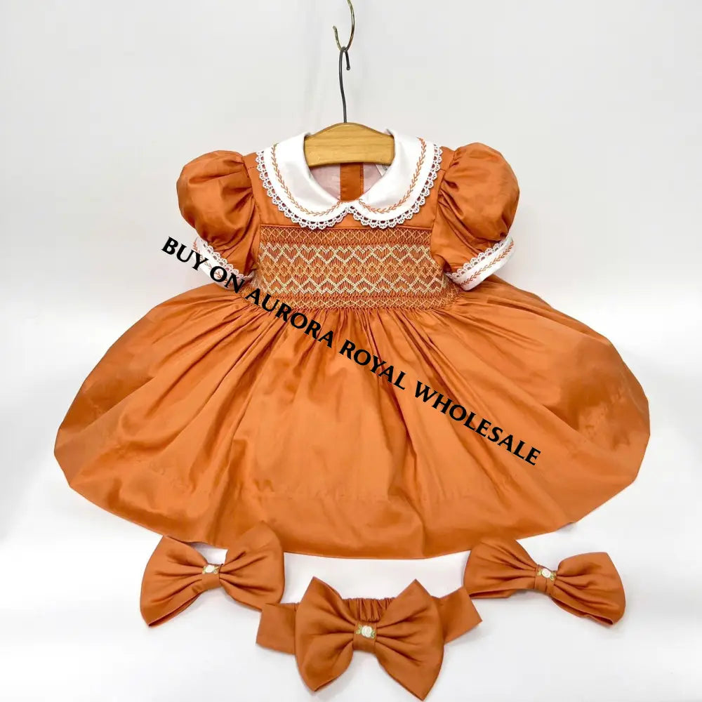 Pre-Order Now & Get Next Week 🍁Pack Of 5 Sizes! Verona Gold Amber Hand-Smocked Dress Hair