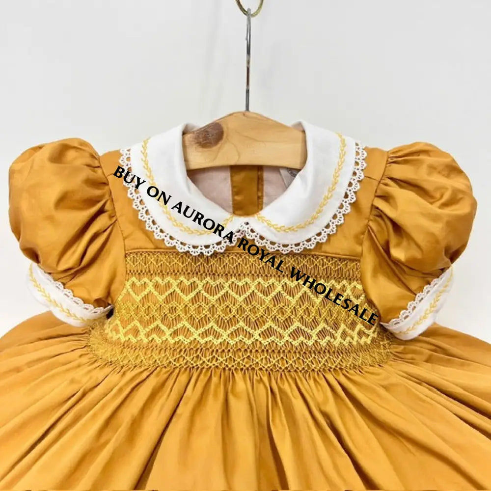 Pre-Order Now & Get It Next Week🎄Pack Of 5 Sizes Verona Mustard Hand-Smocked Dress Hair