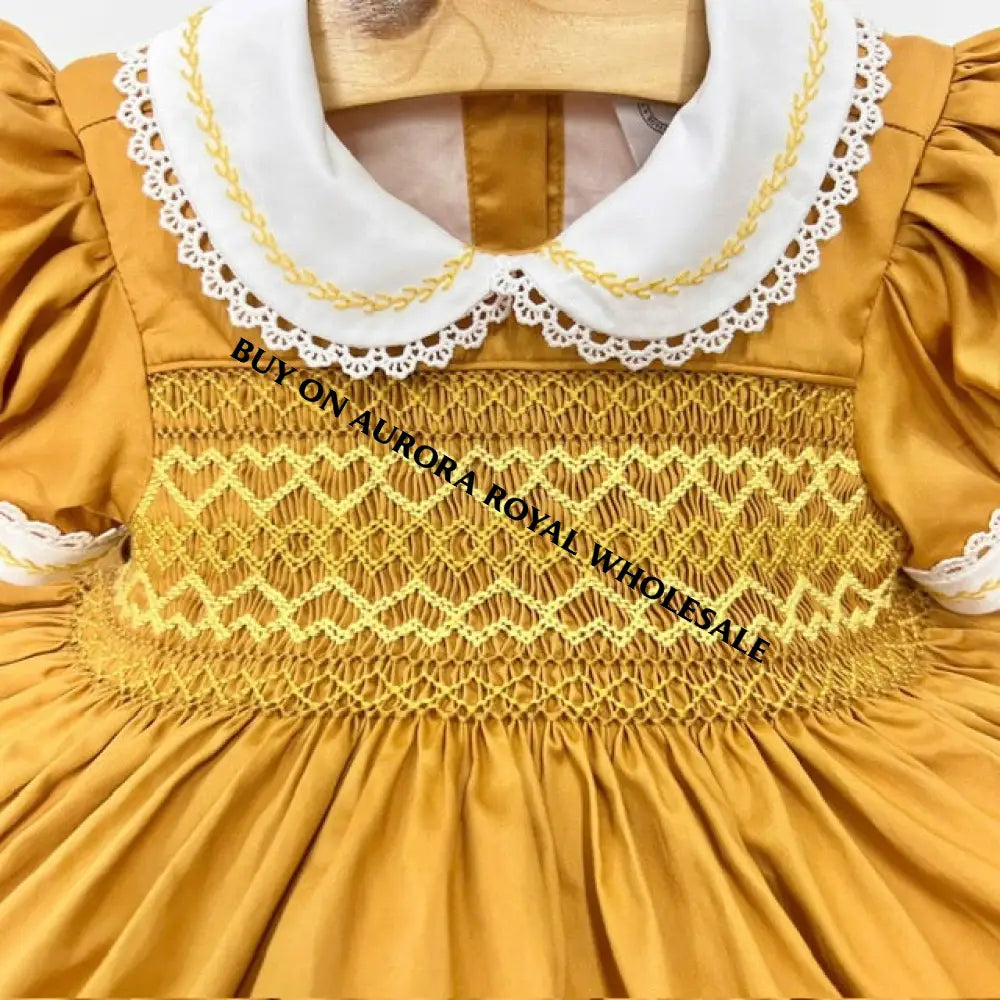 Pre-Order Now & Get It Next Week🎄Pack Of 5 Sizes Verona Mustard Hand-Smocked Dress Hair