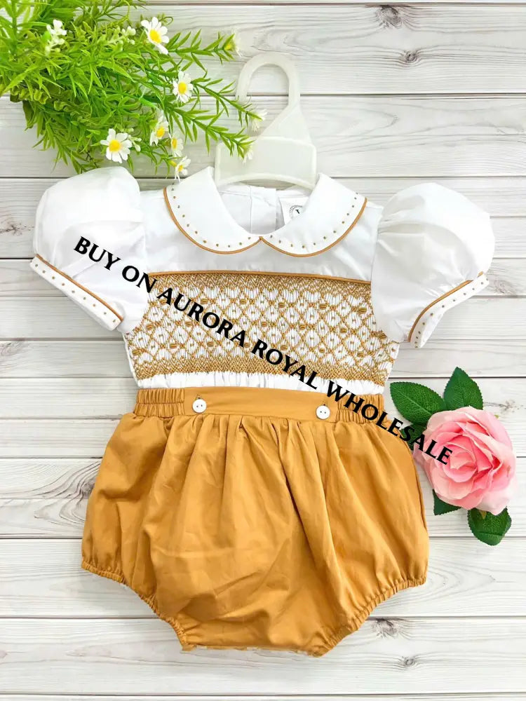 New🎄Pack Of 5 Sizes Verona Mustard Hand-Smocked Dress & Hair Bows🎀🎀 Baby-Toddler Dresses