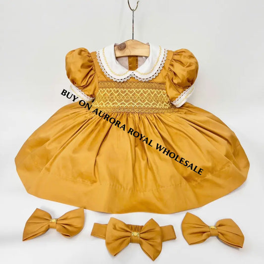 Pre-Order Now & Get It Next Week🎄Pack Of 5 Sizes Verona Mustard Hand-Smocked Dress Hair