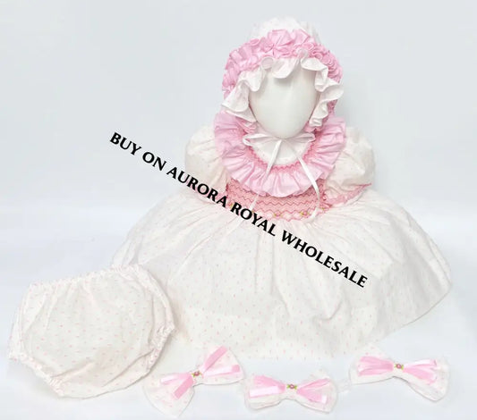 PRE-ORDER🤩VERONICA 💖 WHITE & PINK HAND-SMOCKED🧵🪡DRESS BONNET PANTIES & HAIR BOWS OR HEADBAND🎀 Baby-Toddler Dresses
