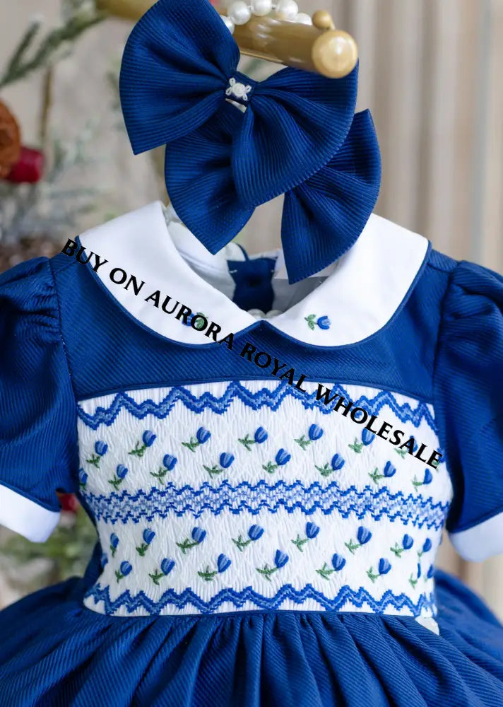 NEW😍PACK OF 6 SIZES BLUEBELL ROYAL BLUE❄️HAND-SMOCKED🧵🪡DRESS & ACCESSORIES🎀🎄