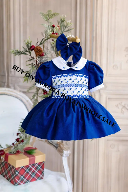 NEW😍PACK OF 6 SIZES BLUEBELL ROYAL BLUE❄️HAND-SMOCKED🧵🪡DRESS & ACCESSORIES🎀🎄