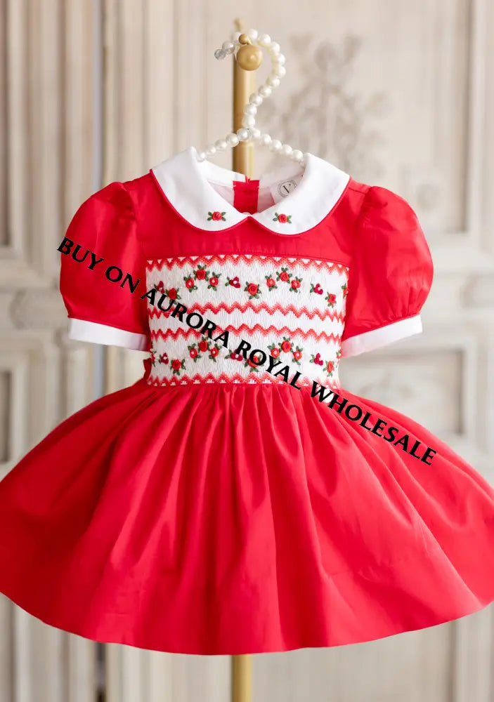 NEW! PACK OF 6 SIZES GLORIA HAND-SMOCKED🧵🪡RED❤️CHRISTMAS🧵🪡DRESS & ACCESSORIES🎀 - DRESS