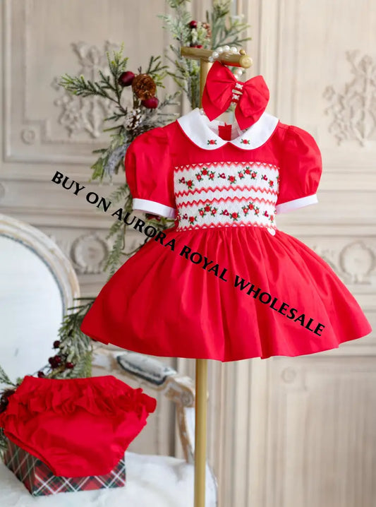 NEW! PACK OF 6 SIZES GLORIA HAND-SMOCKED🧵🪡RED❤️CHRISTMAS🧵🪡DRESS & ACCESSORIES🎀 - DRESS