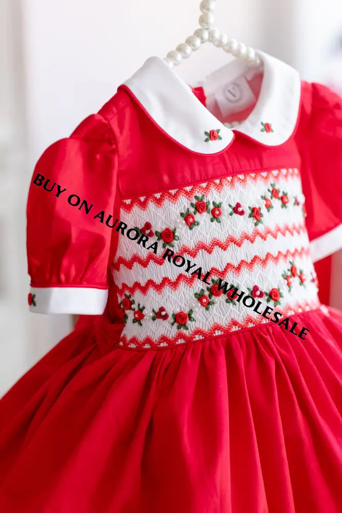 NEW! PACK OF 6 SIZES GLORIA HAND-SMOCKED🧵🪡RED❤️CHRISTMAS🧵🪡DRESS & ACCESSORIES🎀 - DRESS
