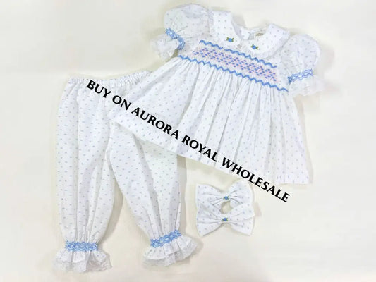 PRE-ORDER🤩NEW🧚🏻‍♀️PACK OF 6 SIZES MIA Blue🩵Swiss Dots Hand-Smocked 🧵🪡Pyjamas & Hair Accessories🎀🎀 Baby-Toddler Dresses
