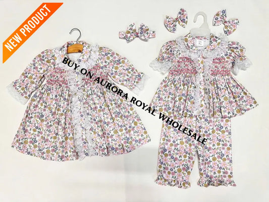 NEW🤩PACK OF 6 SIZES SUNNY PINK FLORAL🌸HAND-SMOCKED🧵🪡PYJAMA GOWN & HAIR BOWS🎀 BABY/TODDLER OUTFIT