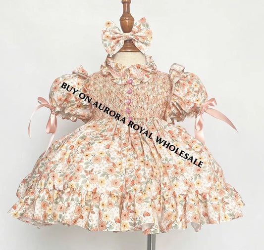 PRE-ORDER&GET NEXT WEEK‼️NEW☀️PACK OF 7 SIZES ANNABELLE PEACH FLORAL⚜️HAND-SMOCKED DRESS,🧵🪡KNICKERS & HAIR BOWS🎀