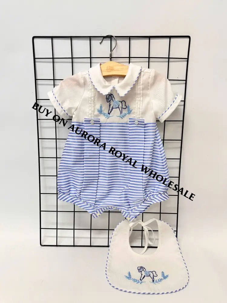 PRE-ORDER & GET IT NEXT WEEK‼️NEW!ROCKING HORSE🐴BLUE STRIPES🧲HAND-EMBROIDERED🧵🪡ROMPER & BIB SET👼 BABY/TODDLER OUTFIT