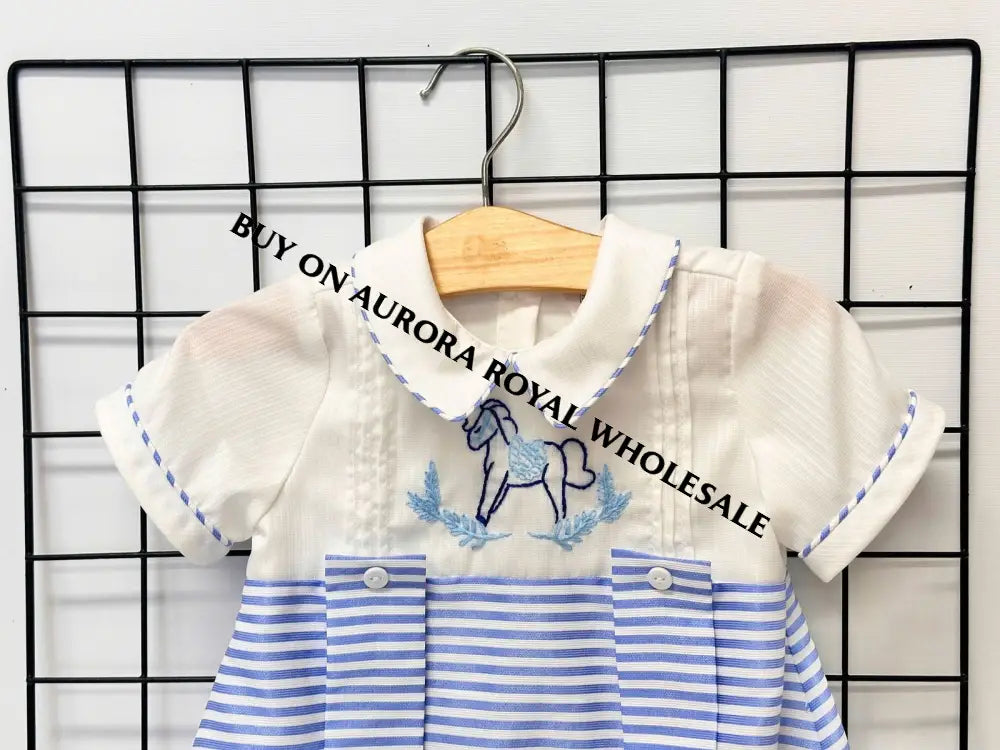 PRE-ORDER & GET IT NEXT WEEK‼️NEW!ROCKING HORSE🐴BLUE STRIPES🧲HAND-EMBROIDERED🧵🪡ROMPER & BIB SET👼 BABY/TODDLER OUTFIT