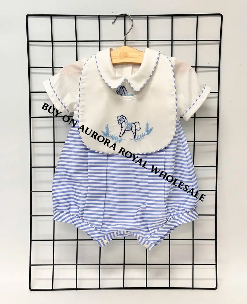 PRE-ORDER & GET IT NEXT WEEK‼️NEW!ROCKING HORSE🐴BLUE STRIPES🧲HAND-EMBROIDERED🧵🪡ROMPER & BIB SET👼 BABY/TODDLER OUTFIT