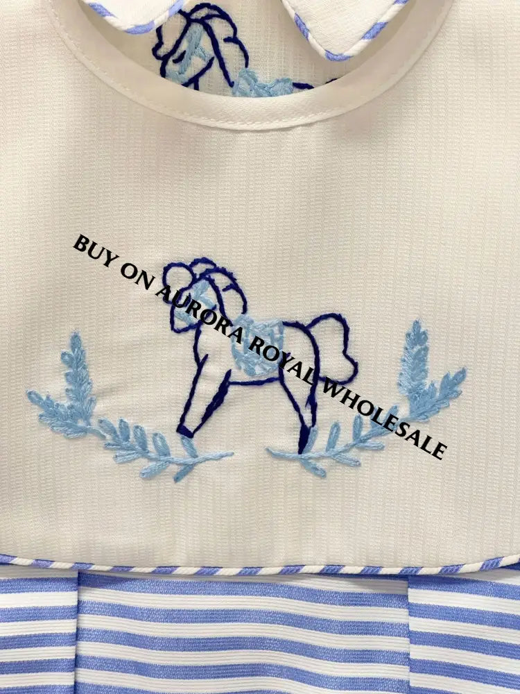 PRE-ORDER & GET IT NEXT WEEK‼️NEW!ROCKING HORSE🐴BLUE STRIPES🧲HAND-EMBROIDERED🧵🪡ROMPER & BIB SET👼 BABY/TODDLER OUTFIT