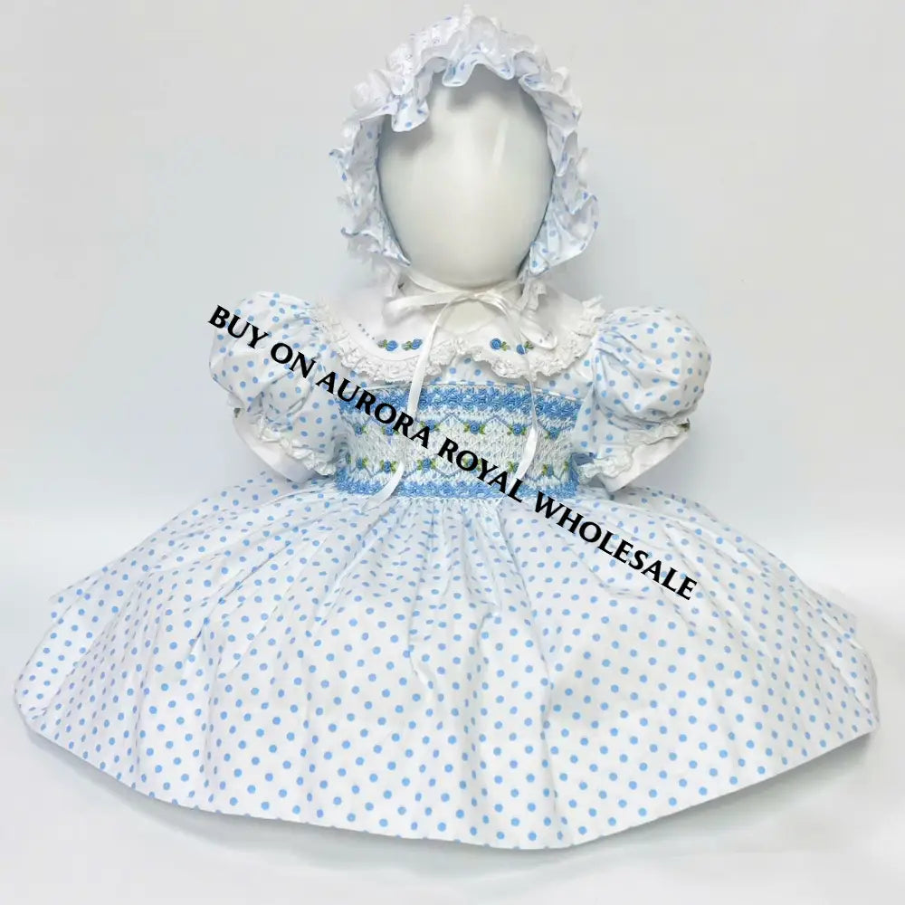 New Season🕊️🌷Charmante Pack Of 5 Sizes 🩵Blue Polka Hand-Smocked Dress Panties Bib & Hair