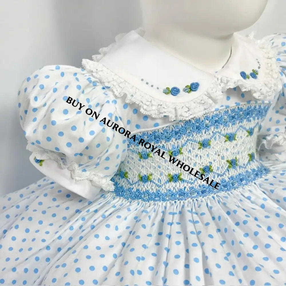 New Season🕊️🌷Charmante Pack Of 5 Sizes 🩵Blue Polka Hand-Smocked Dress Panties Bib & Hair