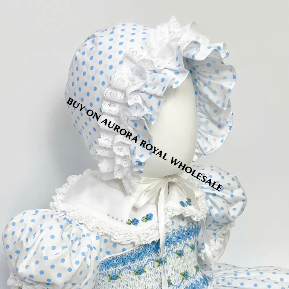 New Season🕊️🌷Charmante Pack Of 5 Sizes 🩵Blue Polka Hand-Smocked Dress Panties Bib & Hair