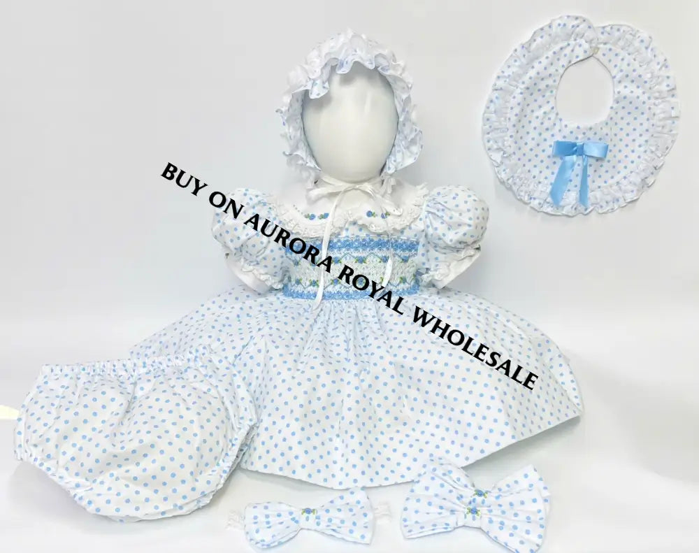 New Season🕊️🌷Charmante Pack Of 5 Sizes 🩵Blue Polka Hand-Smocked Dress Panties Bib & Hair