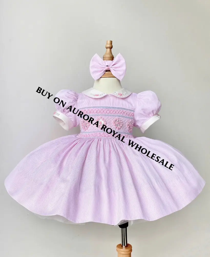 NEW SEASON🍁PACK OF 5 SIZES AMELIE PINK🌸PINSTRIPE HAND-SMOCKED🧵🪡👑DRESS & ACCESSORIES🎀 - DRESS