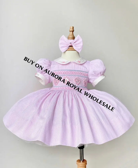 NEW SEASON🍁PACK OF 5 SIZES AMELIE PINK🌸PINSTRIPE HAND-SMOCKED🧵🪡👑DRESS & ACCESSORIES🎀 - DRESS