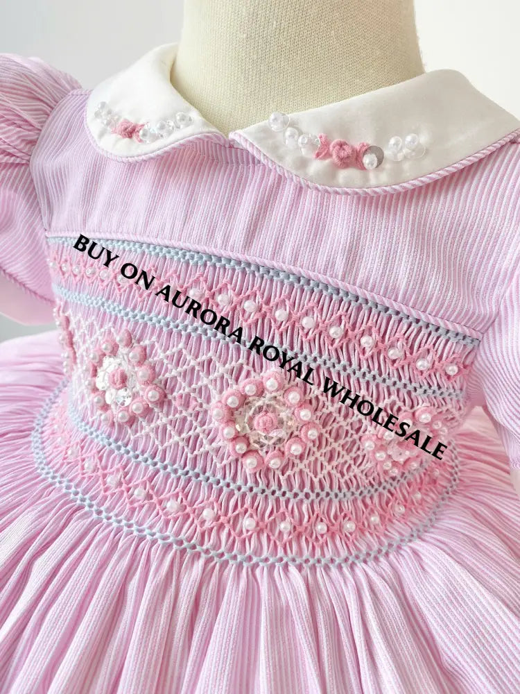 NEW SEASON🍁PACK OF 5 SIZES AMELIE PINK🌸PINSTRIPE HAND-SMOCKED🧵🪡👑DRESS & ACCESSORIES🎀 - DRESS